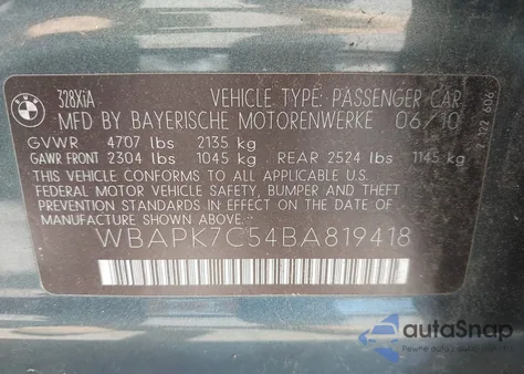 2011 BMW 328I xDrive из США, поврежденный, VIN WBAPK7C54BA819418